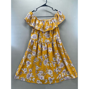 Xhilaration Womens A Line Mini Dress Yellow Purple Floral Smocked Off Shoulder L